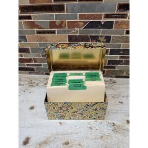 Vintage Recipe Box Flowers Floral w Recipes J Chien MCM Retro Metalic